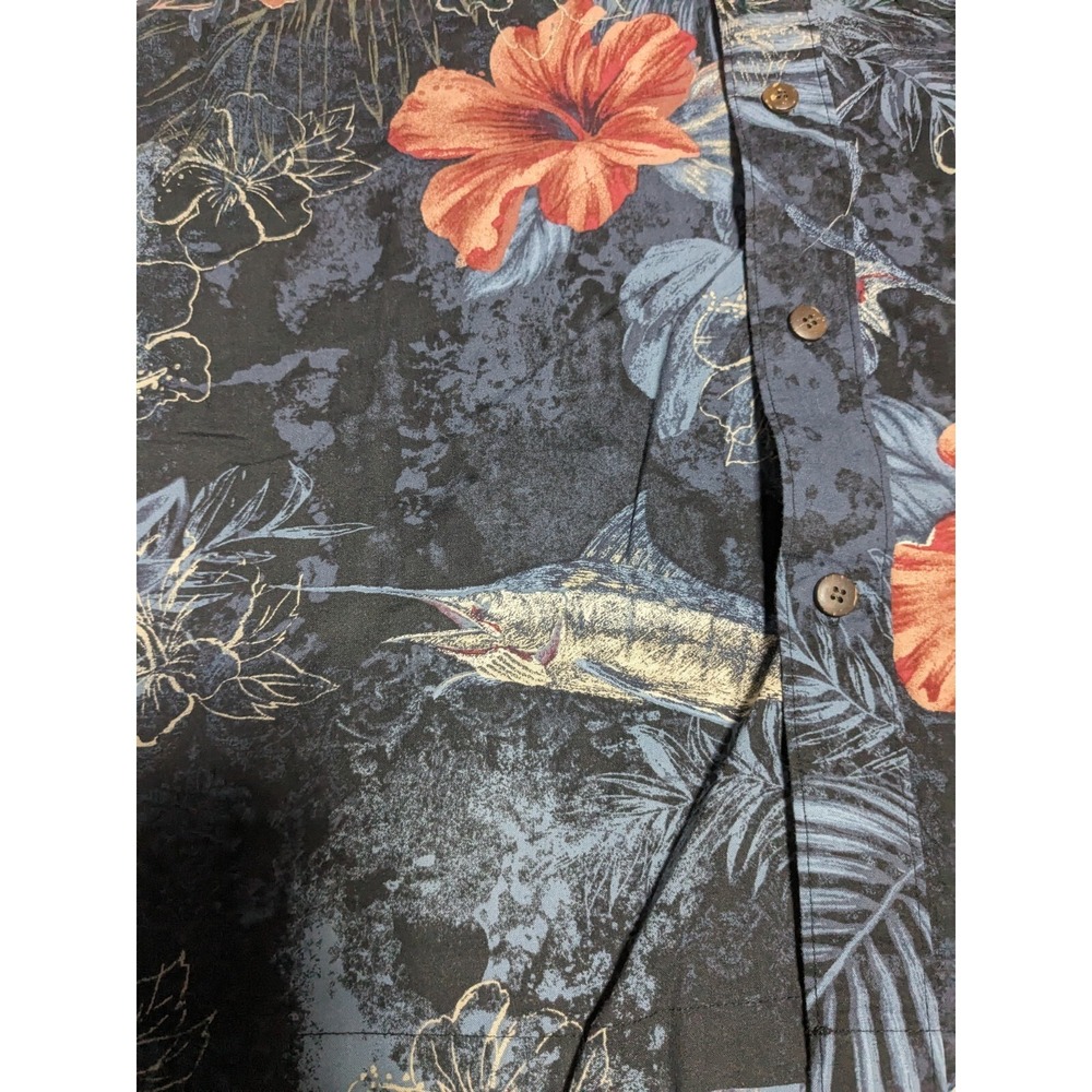 REEL LEGENDS Floral Swordfish Print Men Large Black Cotton Blend Hawaiian Shirt - Picture 4 of 15